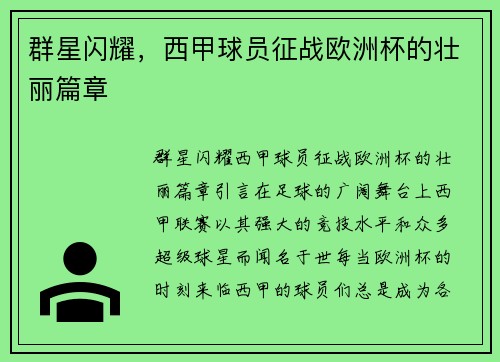 群星闪耀，西甲球员征战欧洲杯的壮丽篇章